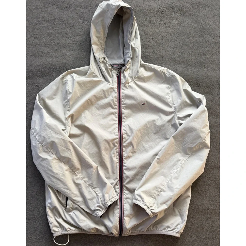 Tommy Hilfiger Mens Windbreaker Jacket Beige Water Resistant Hooded Sz L